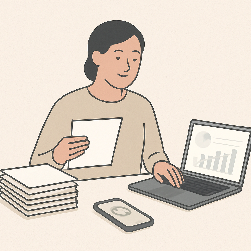 Een minimalistische illustratie van een persoon die kalm financiële documenten ordent, met zowel fysieke papieren als digitale schermen die een overzicht van inkomsten en uitgaven tonen. Het beeld straalt rust en controle uit over de financiële administratie.