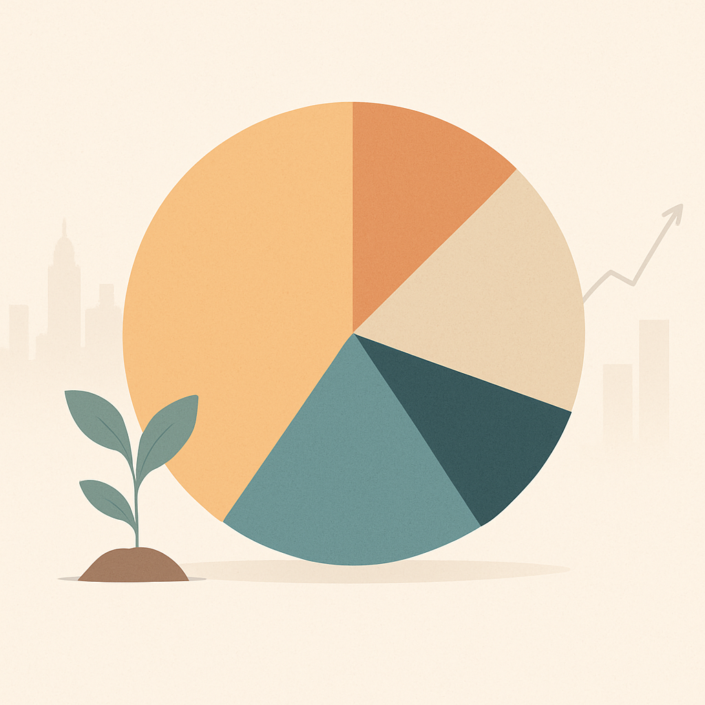 Een minimalistische illustratie van een pie chart die de verdeling van beleggingscategorieën aandelen, obligaties, vastgoed en alternatieve investeringen toont. Rondom de chart zijn abstracte symbolen zichtbaar die economische groei, maatschappelijke impact en demografische verschuivingen representeren.
