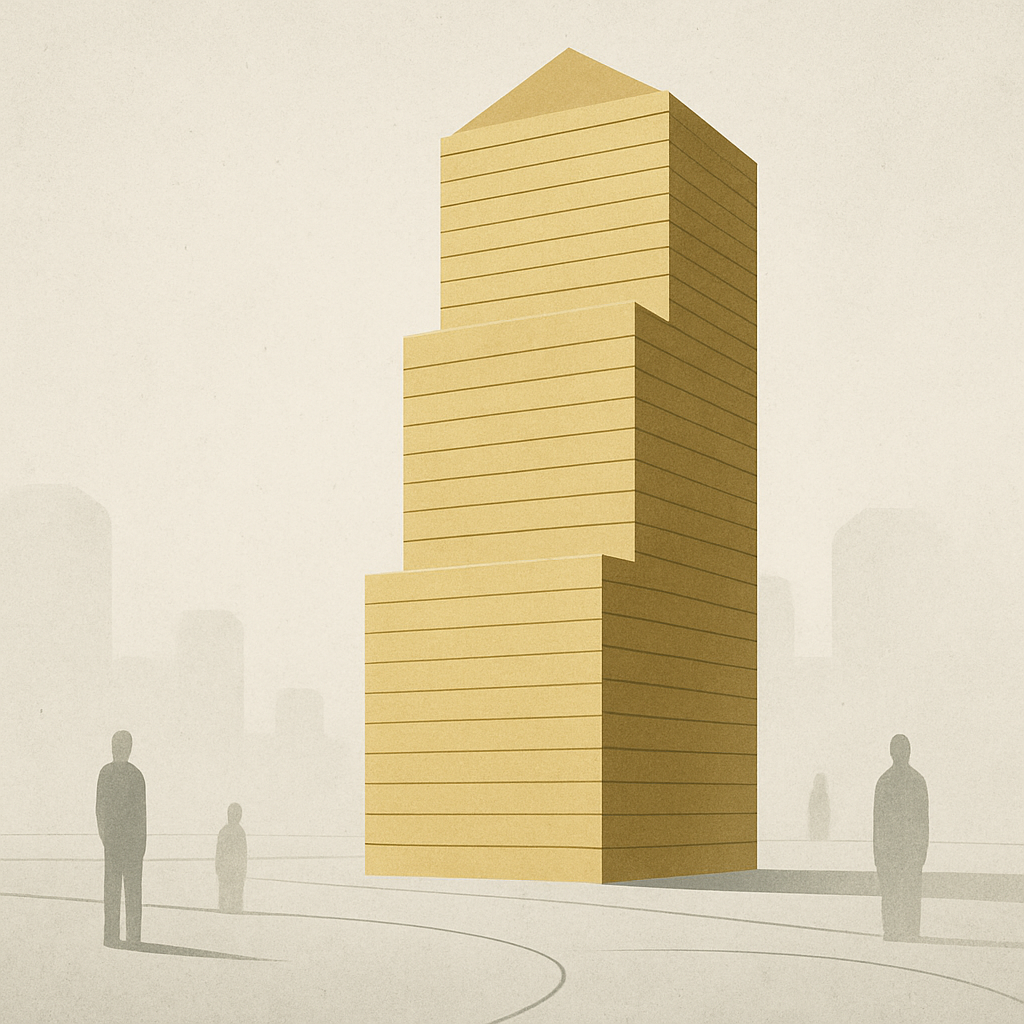 Een minimalistische illustratie van een zeer groot pensioenfonds, met een gigantisch, solide bouwwerk van abstracte blokken die vermogen symboliseren. Rondom het bouwwerk zijn abstracte, subtiele silhouetten van mensen te zien die de miljoenen deelnemers voorstellen, wat de grote verantwoordelijkheid van het fonds benadrukt.