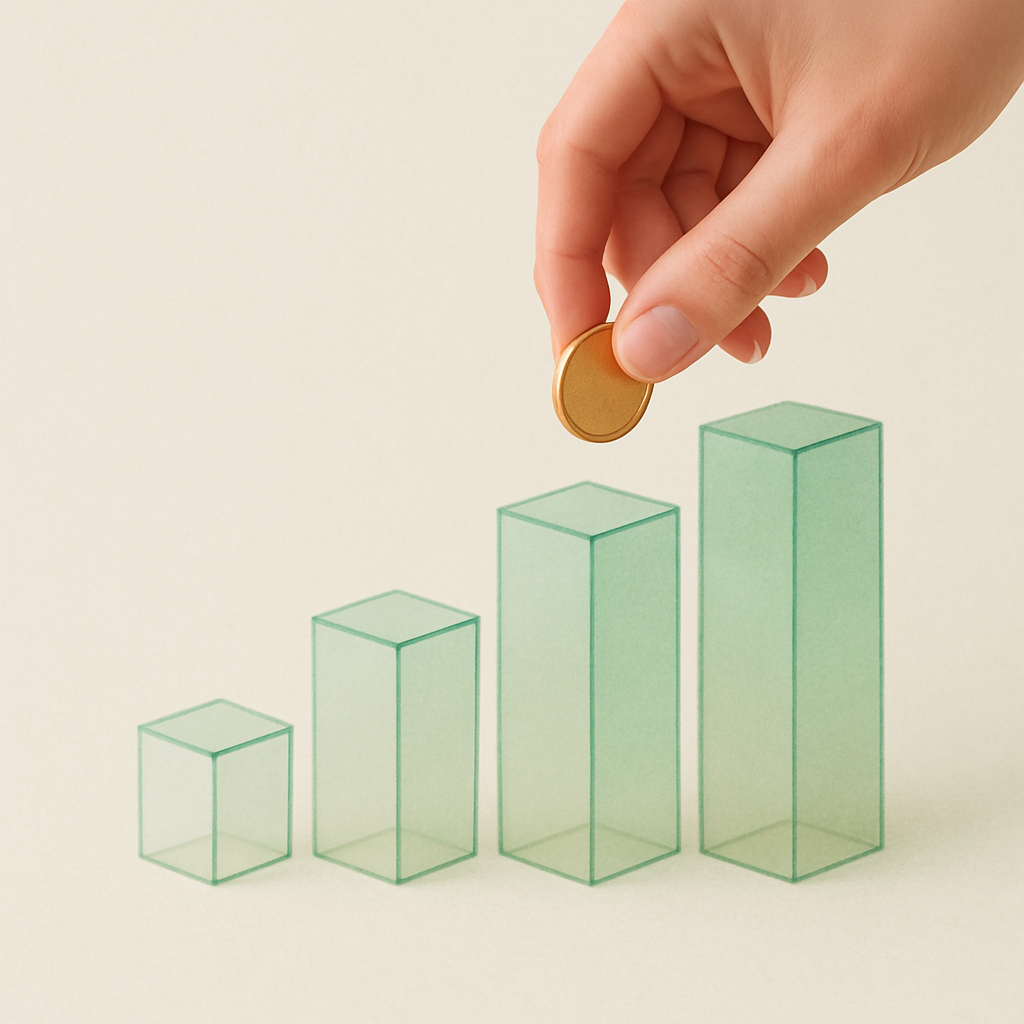 Een hand plaatst een munt in een rij blokken die in grootte toenemen, wat staat voor de start van periodiek beleggen en vermogensgroei.