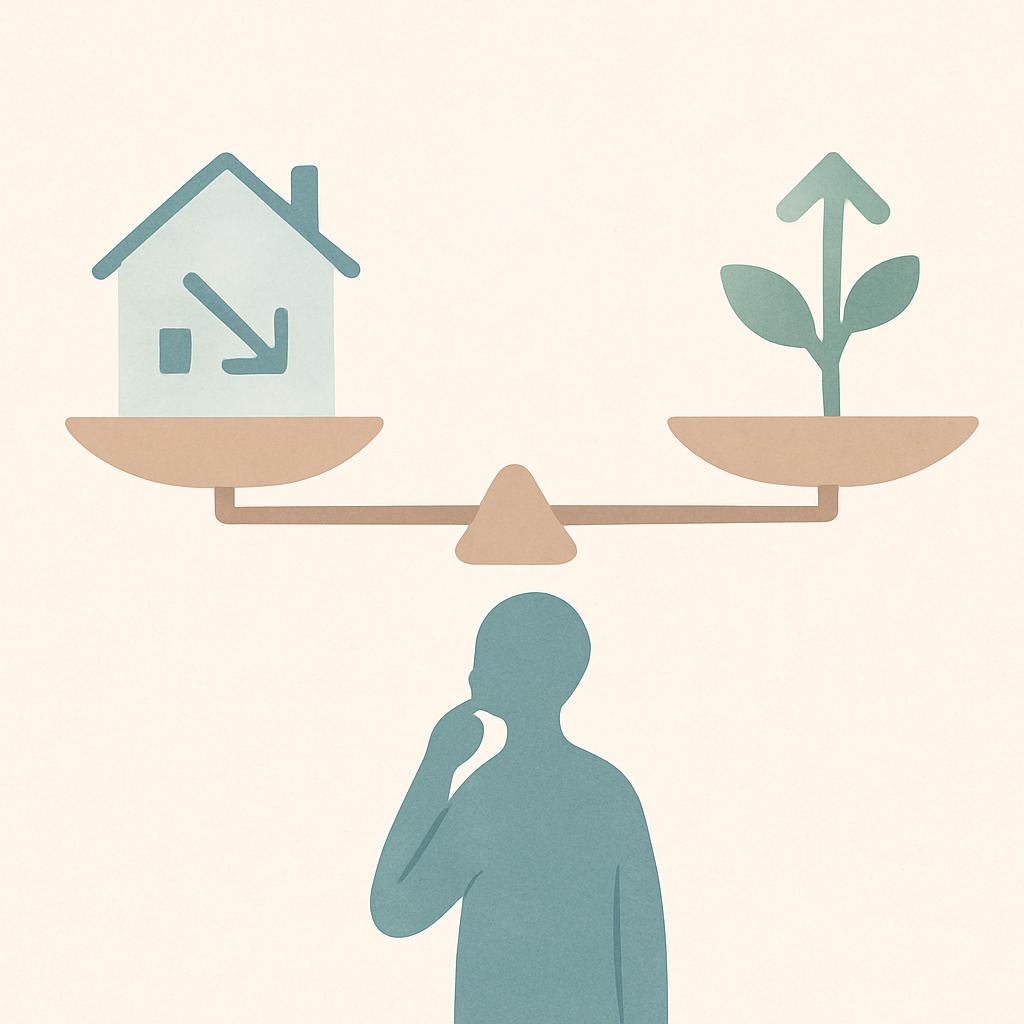 Een minimalistische afbeelding van een weegschaal waarop aan de ene kant een gestileerd huisje met een pijl naar beneden ligt, en aan de andere kant een omhoog wijzende pijl die groei symboliseert, met een persoon die de afweging maakt.