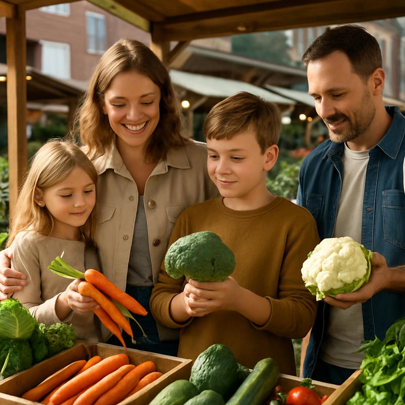 Familie koopt lokaal en duurzaam voedsel op een kleurrijke markt in Nederland