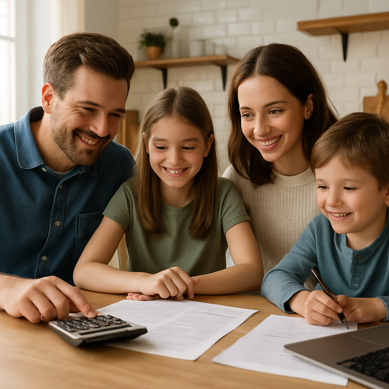 Nederlands gezin bespreekt financiën en budgettering met laptop en documenten op tafel