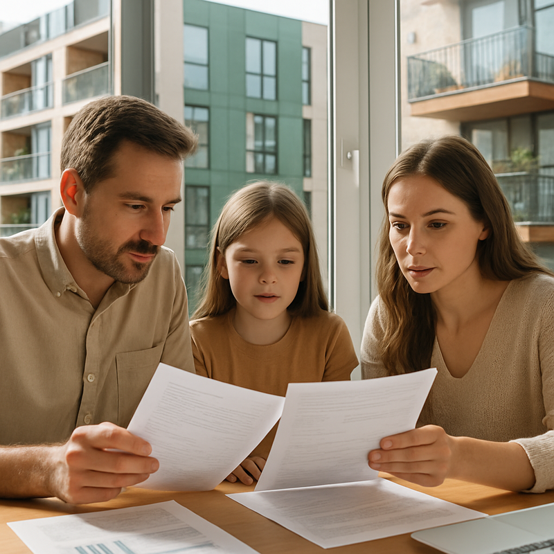 Nederlands gezin bekijkt vastgoedbeleggingen met moderne duurzame woning op de achtergrond