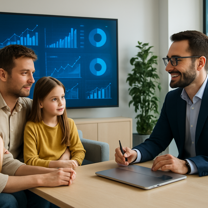 Gezin in gesprek met financieel adviseur in moderne kantooromgeving
