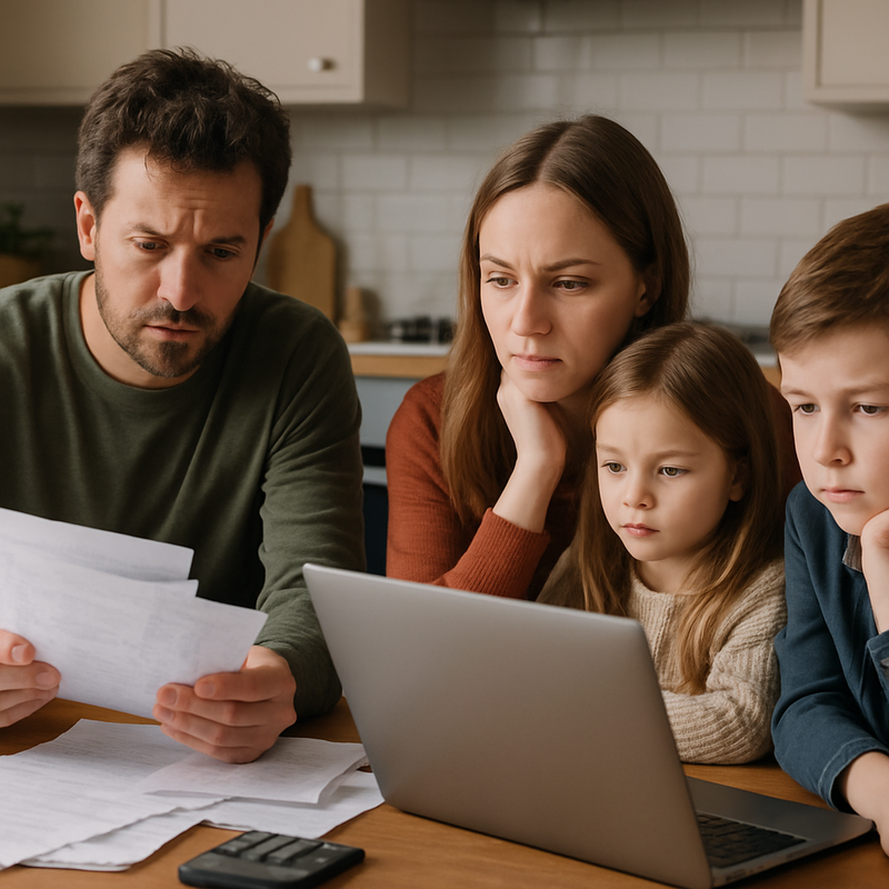 Gezin bekijkt thuis de financiële situatie met rekeningen en laptop.