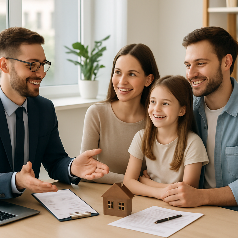 Vrolijk gezin bespreekt hypotheekmogelijkheden met makelaar in kantooromgeving