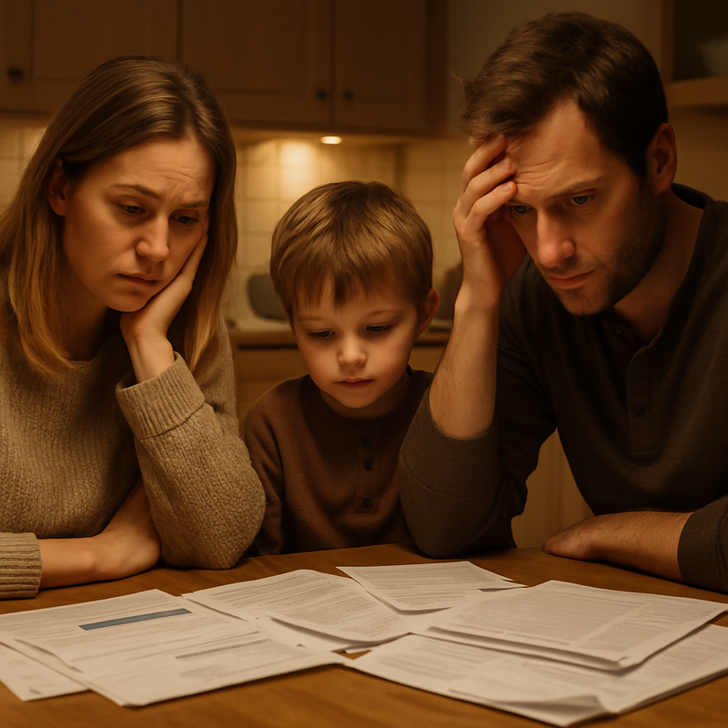 Gezin zit aan tafel met papieren en medische rekeningen, bezorgd over financiën door ziekte.