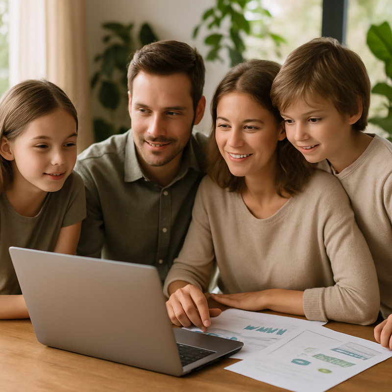 Gezin bespreekt duurzame beleggingen aan tafel met laptop en documenten in natuurlijk daglicht