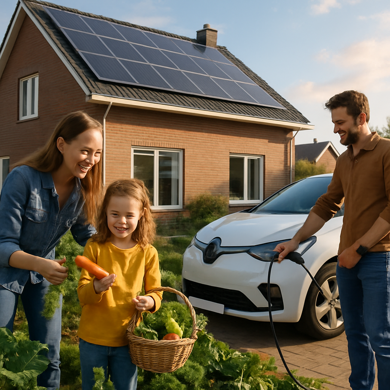 Moderne Nederlandse familie bij energiezuinig huis met zonnepanelen, elektrische auto en tuin met groenten