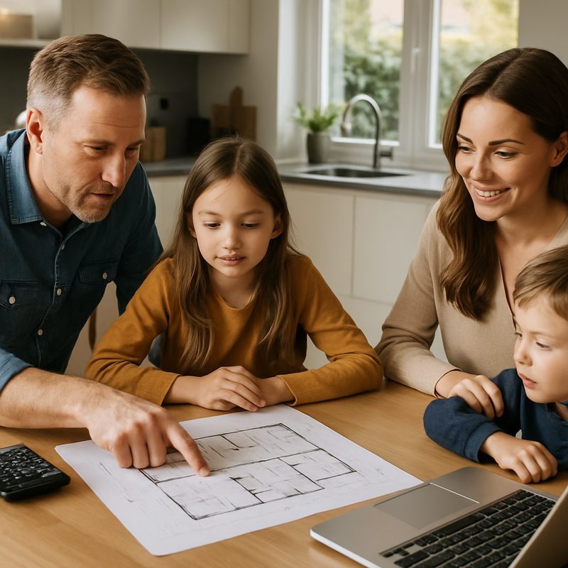 Gezin bespreekt huis kopen strategieën aan tafel met laptop en real estate documenten