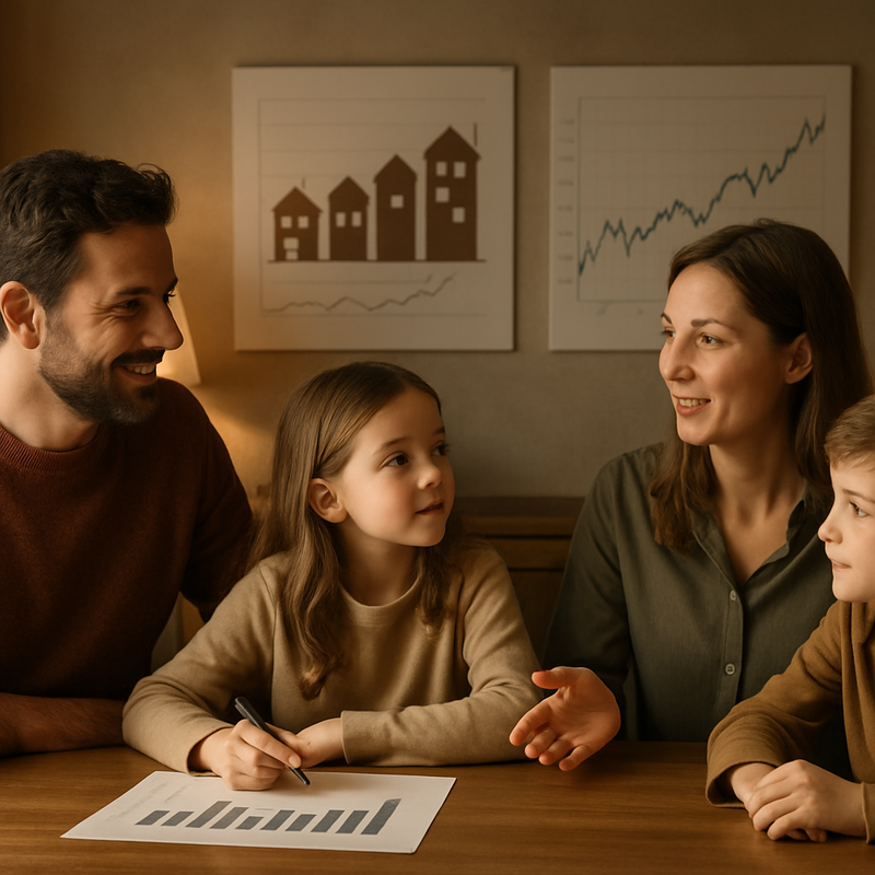 Nederlandse familie bespreekt hybride investeren met vastgoed- en aandelengrafieken op achtergrond
