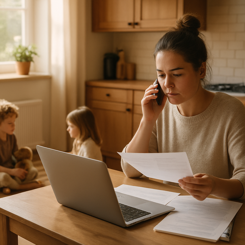 Alleenstaande ouder die financiën plant met laptop aan tafel terwijl kinderen spelen