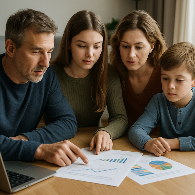 Nederlandse familie bekijkt financiën samen aan tafel met laptop en grafieken