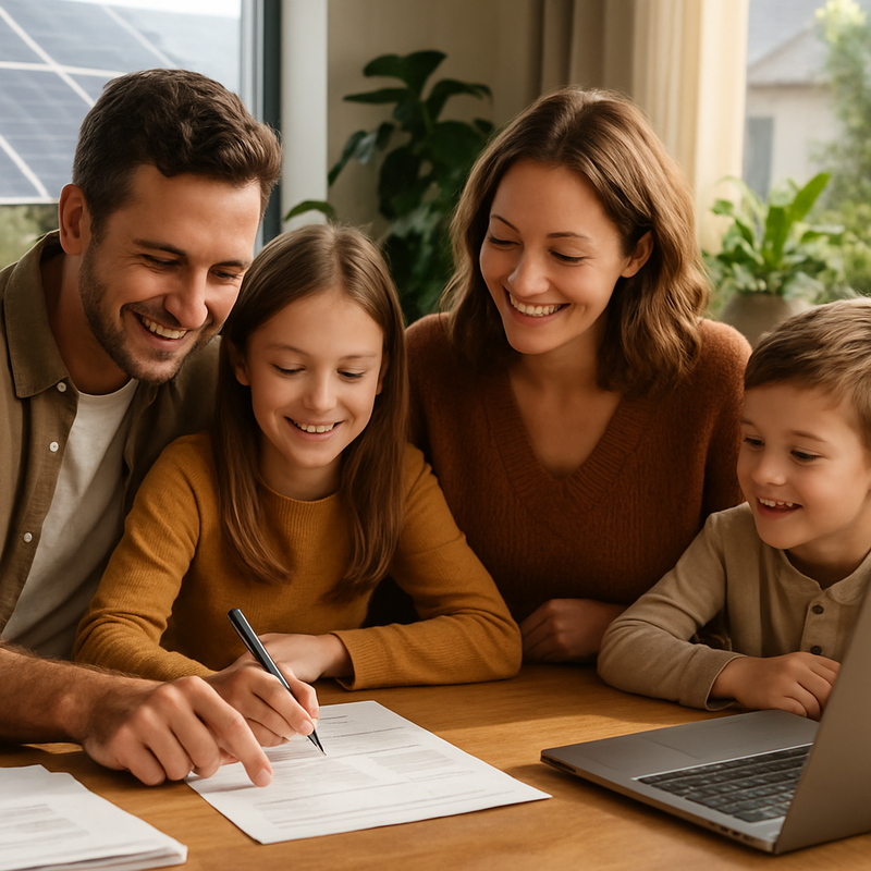 Gezin maakt samen duurzame financiële planning met groene elementen op de achtergrond