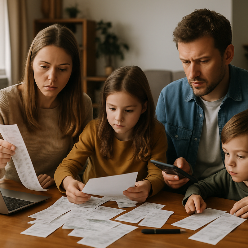 Dutch family calculating budget at home with bills and grocery receipts in 2025 inflation context