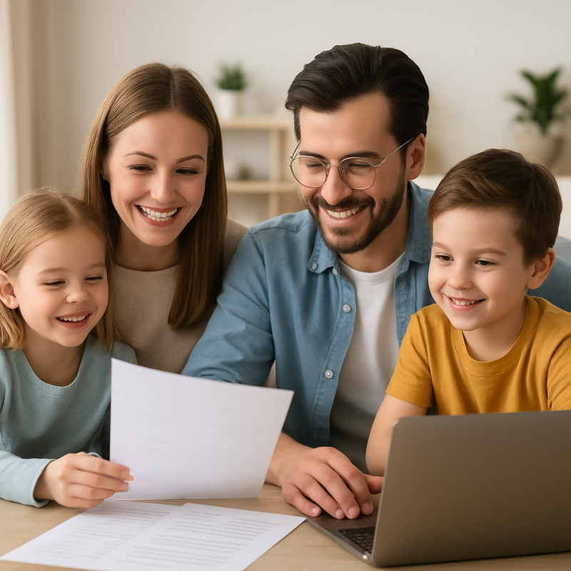 Nederlandse familie bespreekt budget en sparen thuis aan tafel met laptop en papieren