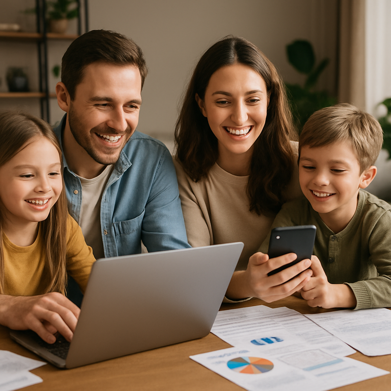 Gezin aan tafel met laptop en smartphone bezig met maandbudget en financiële planning