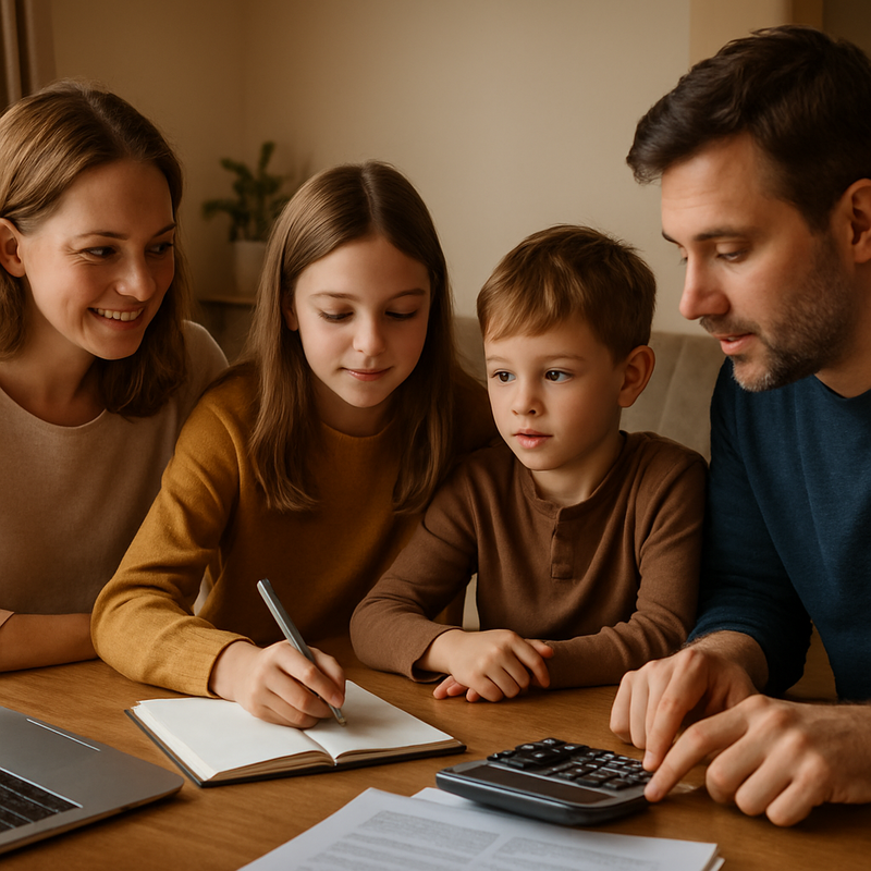 Ouders en kinderen aan tafel, samen een financiële planning maken