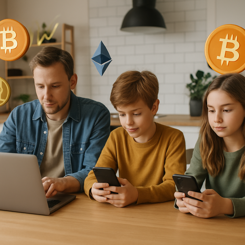 Gezin gebruikt laptop en smartphone thuis met digitale crypto-symbolen en grafieken op de achtergrond