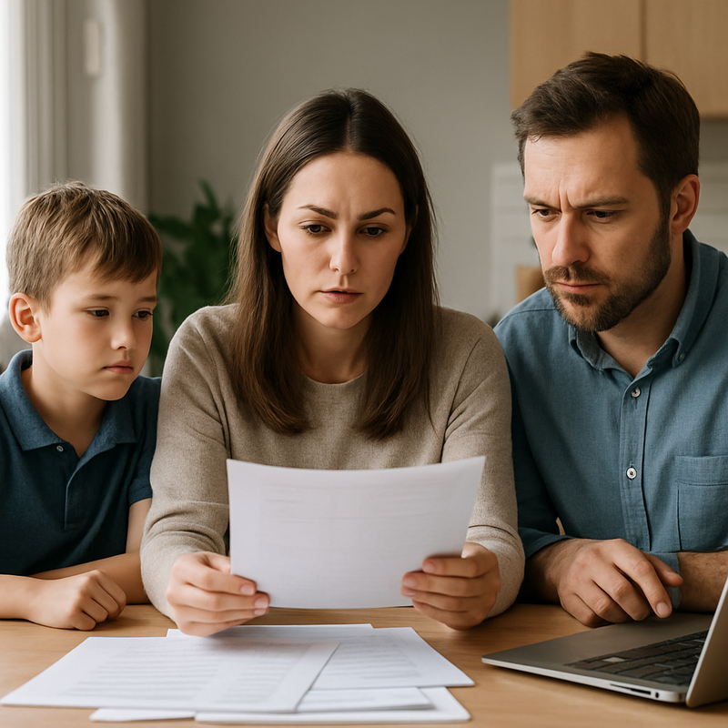Gezin aan tafel met laptop en documenten, bezig met financiële planning