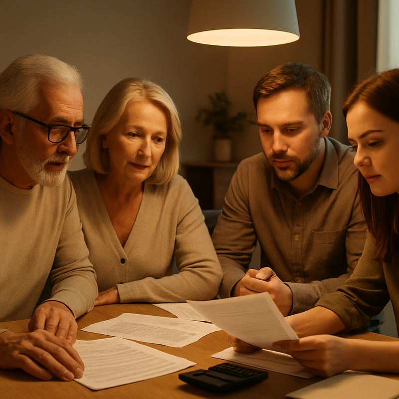 Familie bespreekt financiële documenten rond erfbelasting in huiselijke setting