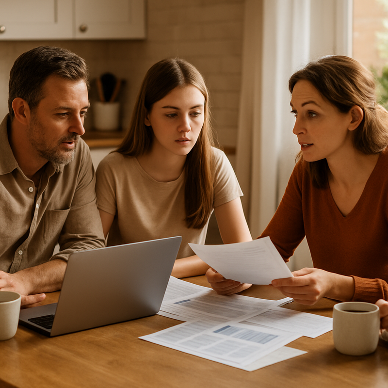 Familie die samen aan tafel zit met financiële documenten en laptops