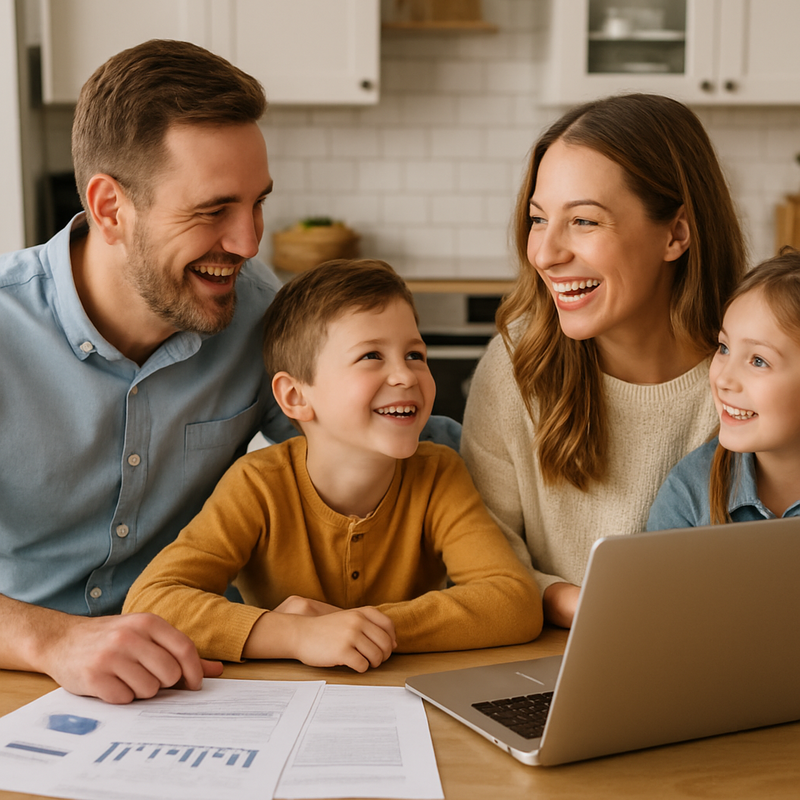 Gezin bespreekt samen beleggen in indexfondsen aan tafel met laptop en papieren