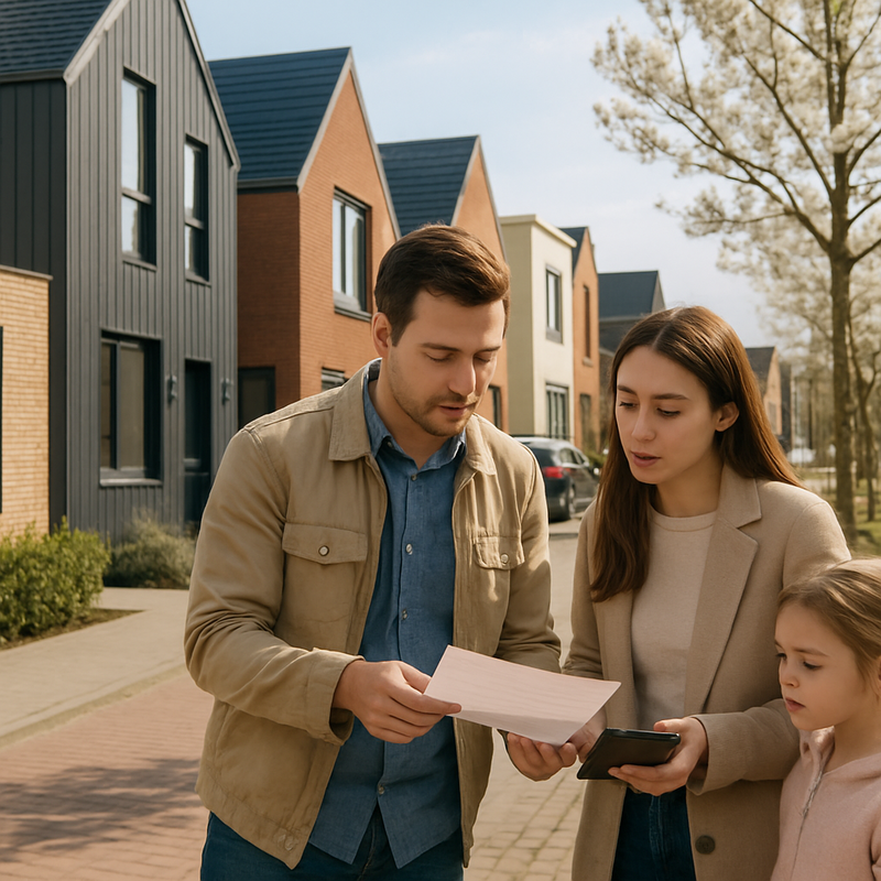 Jong gezin voor compacte moderne woning met groene omgeving en helder weer