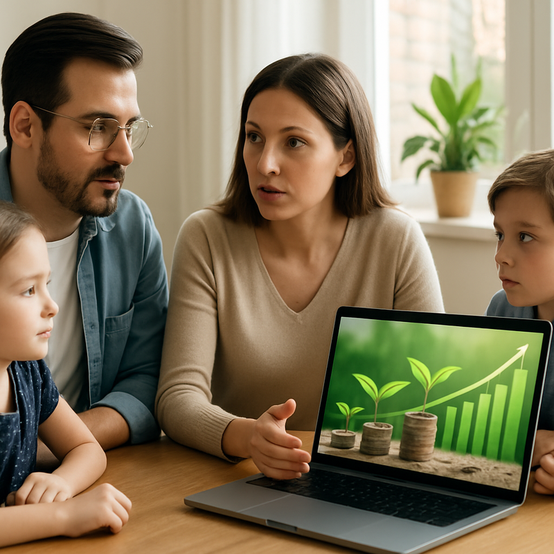 Gezin thuis bij laptop met groene planten en financiële grafieken, duurzaam beleggen concept