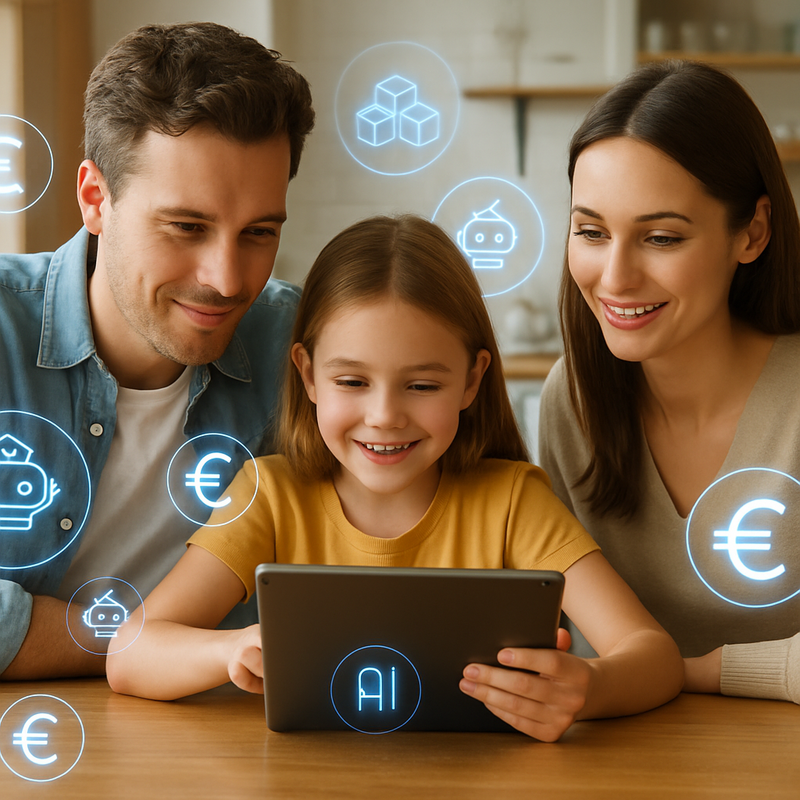 Gezin aan tafel met tablet voor financieel beheer, digitale symbolen van blockchain en AI zichtbaar