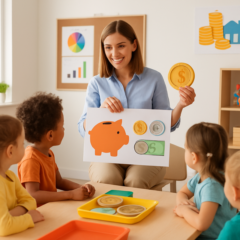 Kinderen in klaslokaal krijgen financiële educatie met interactieve lesmaterialen