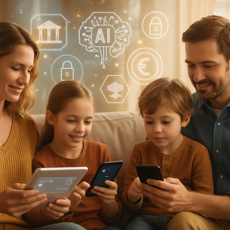 Gezin thuis gebruik makend van digitale betaalapps en AI-technologie voor financieel beheer