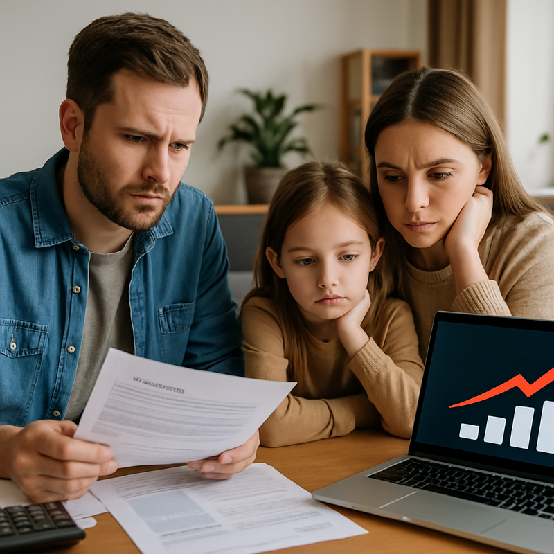 Nederlandse familie bekijkt financiële documenten en laptop met rentestijgingen op scherm