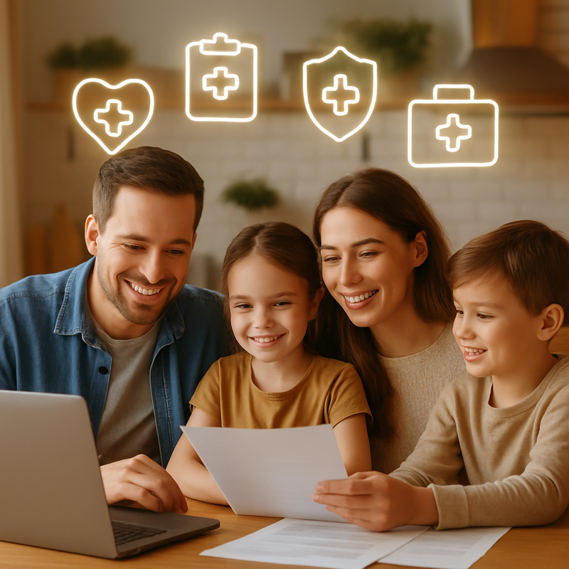 Gezin aan tafel bekijkt zorgverzekeringsopties op laptop en papieren
