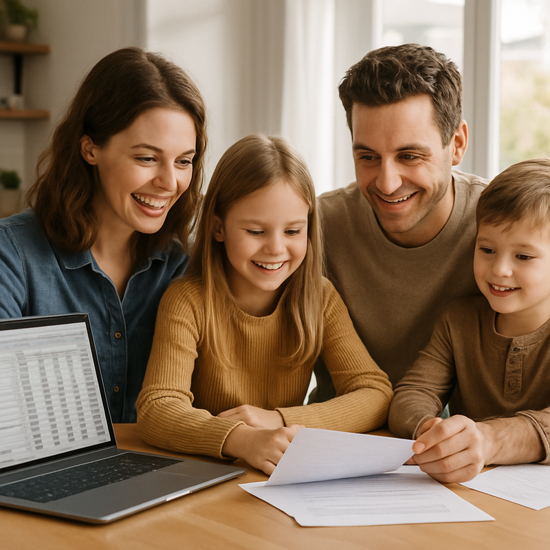 Vrolijke Nederlandse familie bekijkt financiële documenten aan tafel in moderne keuken