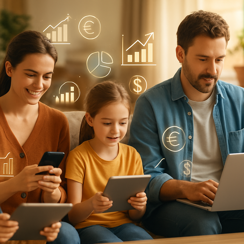 Drukke Nederlandse ouders thuis werken aan passief inkomen met digitale apparaten en financiële iconen