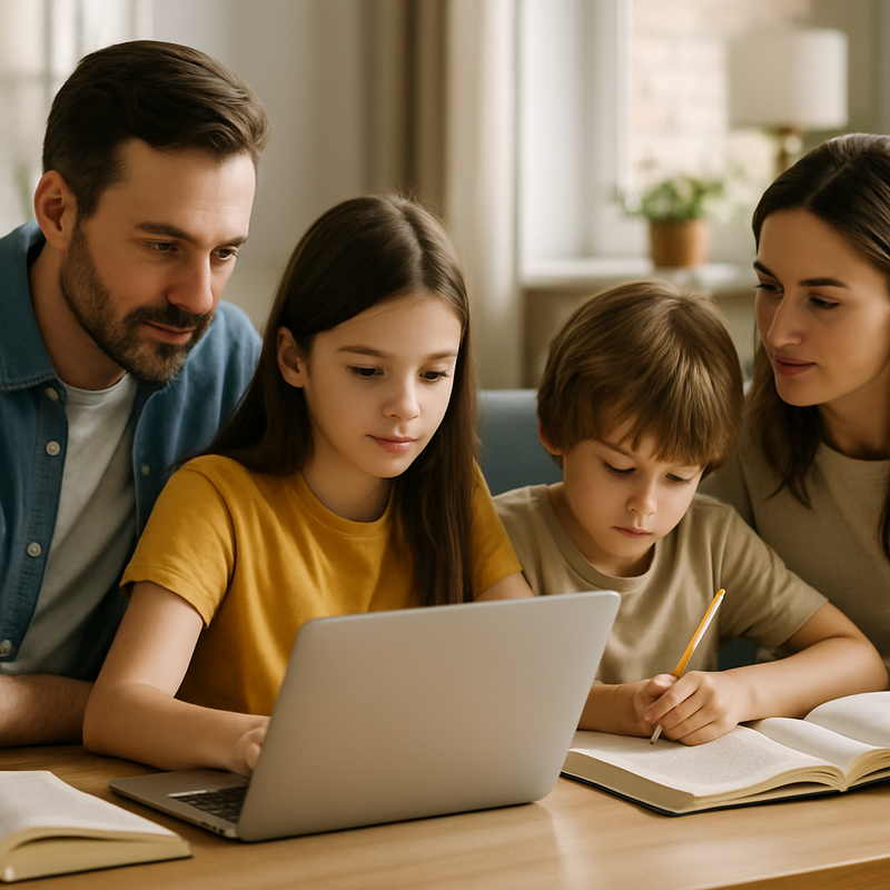 Familie die samen thuis studeert met laptop en boeken