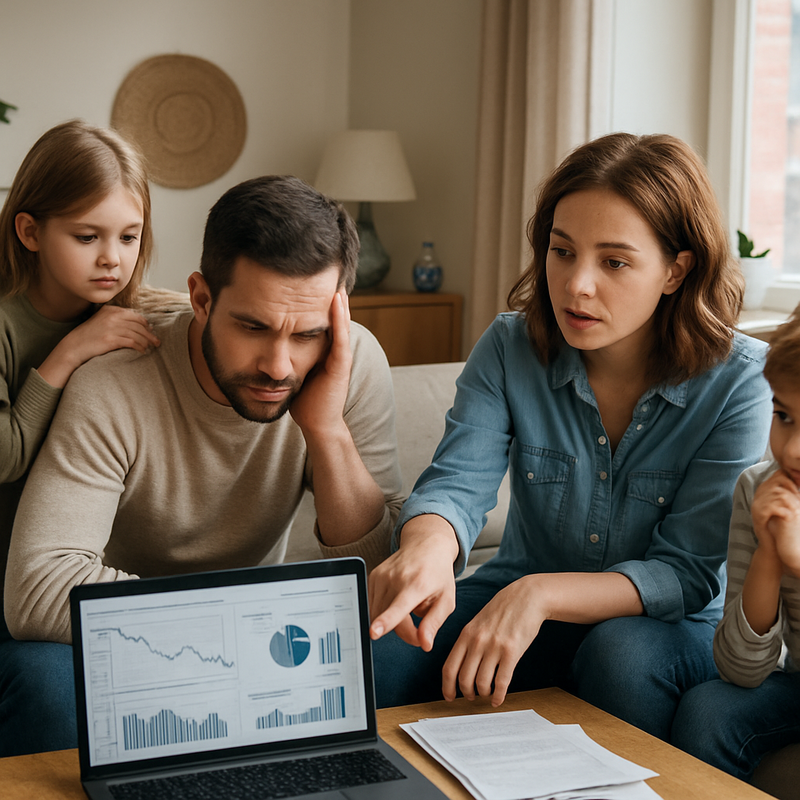 Gezin bespreekt financiële planning thuis met laptop en grafieken op tafel