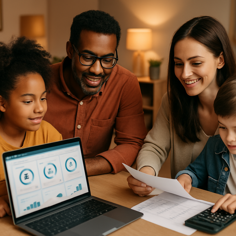 Familie kijkt samen naar crowdfunding investeringsplatform op laptop