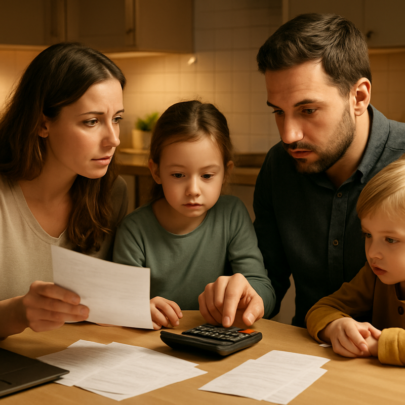 Nederlands gezin bespreekt financiën aan tafel met rekenmachine en laptop