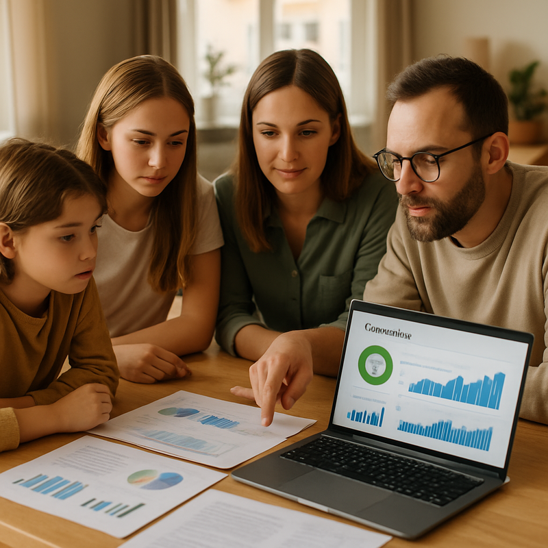 Gezin dat digitale ESG-beleggingsgegevens op laptop en documenten bekijkt in moderne woning