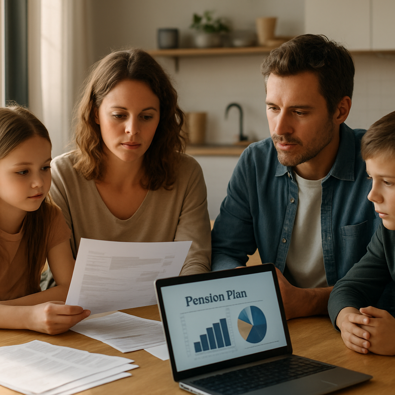 Gezin zit aan tafel met laptop en papieren over pensioen en financiële planning
