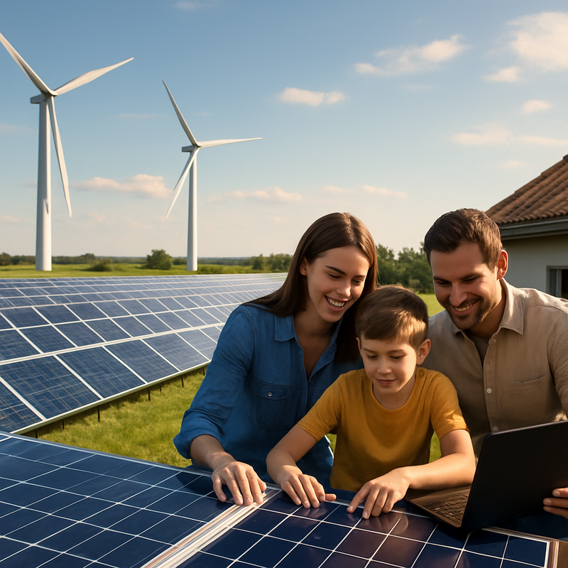 Zonnepanelen en windmolens met een gezin in de voorgrond die duurzame energie benut