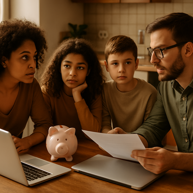 Gezin bespreekt samen financiën aan tafel met laptop en spaarpotten