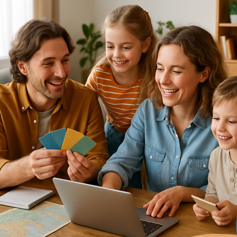 Gezin verzameld rond tafel met budgetkaarten en laptop om vakantie financieel gezond te plannen