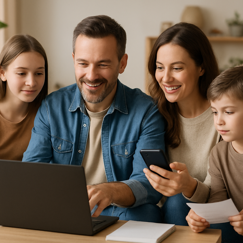 Een Nederlands gezin zit samen met een laptop en smartphone bezig met het beheren van hun gezinsbudget.