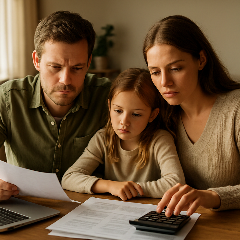 Nederlandse familie bespreekt financiën thuis met laptop en calculator