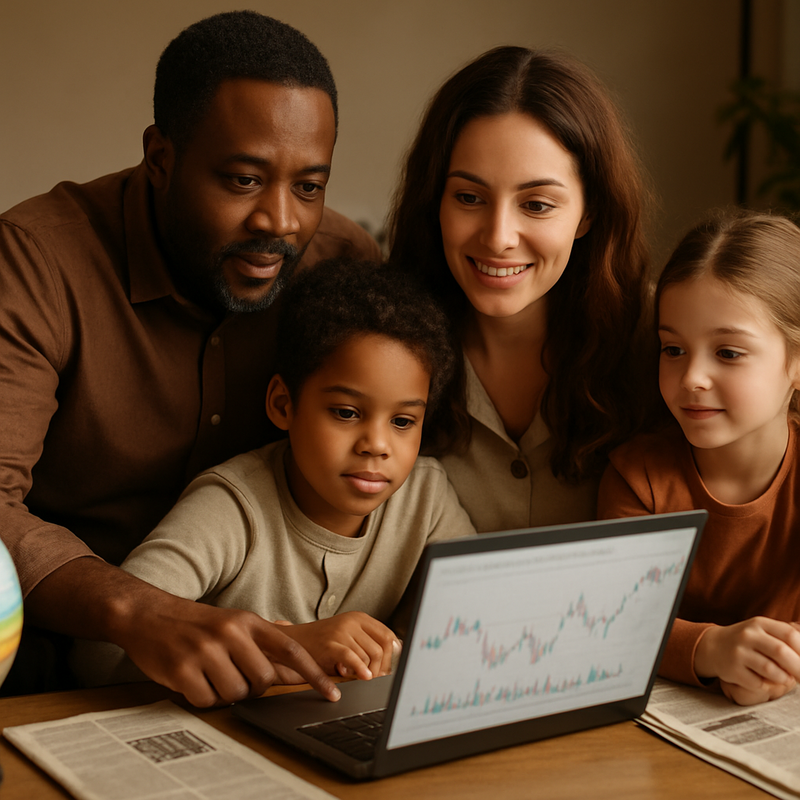 Gezin bekijkt internationale investeringsgegevens op laptop met wereldbol en financiële documenten