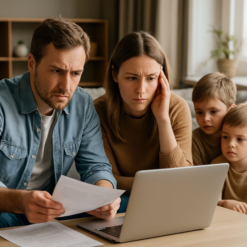 Familie bekijkt financiële documenten thuis met laptop